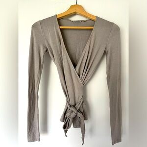 Grey/Taupe Aritzia wrap shirt with tie